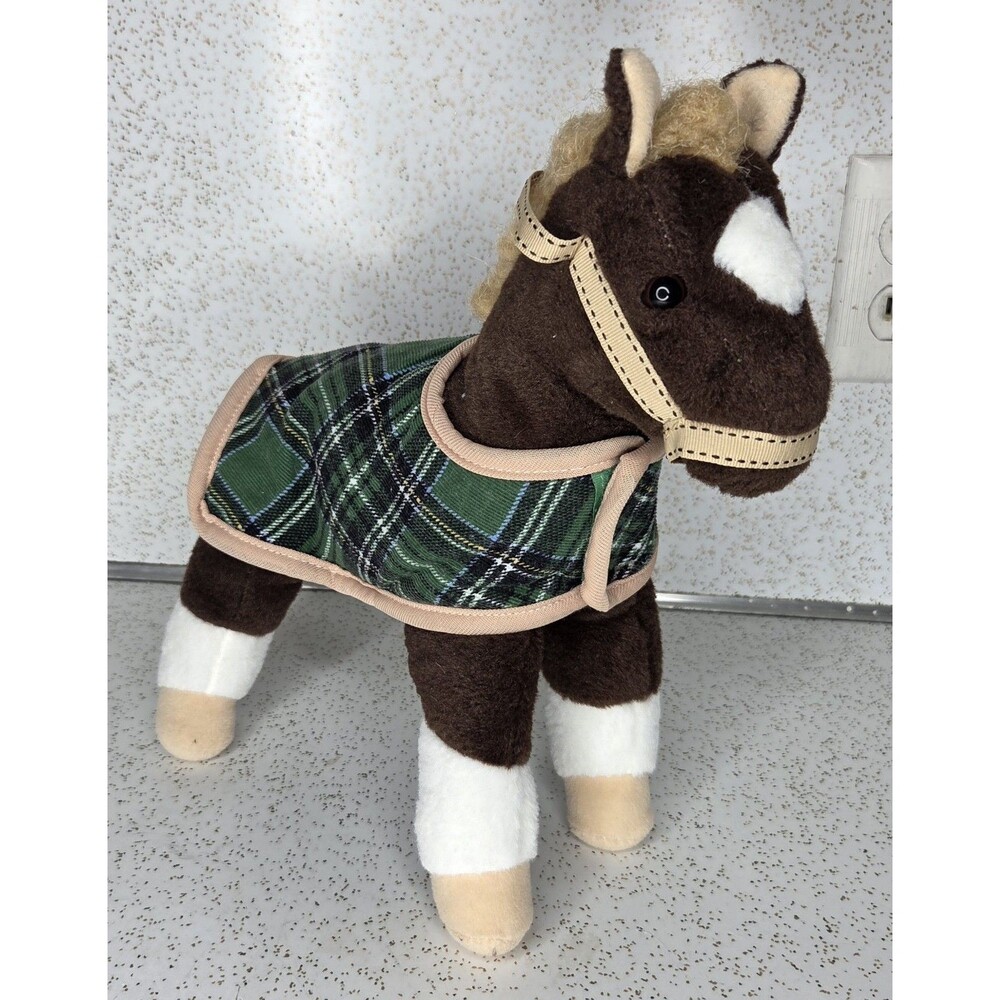 HugFun Brown White HORSE Plush w/ Green Plaid Blanket 12"